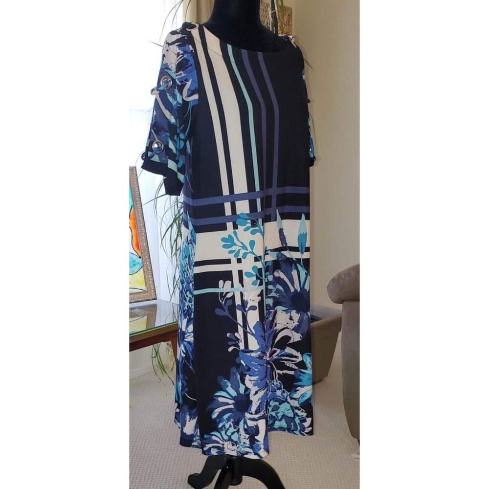 Maria Gabrielle Blue Floral Dress Boat Neck & Cold Shoulder w/ Eyelet Accents 1X